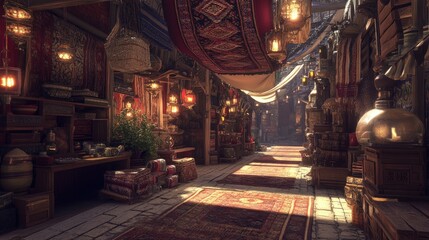 Fototapeta premium Sunlit Ancient Market Alleyway With Rich Textiles and Lanterns