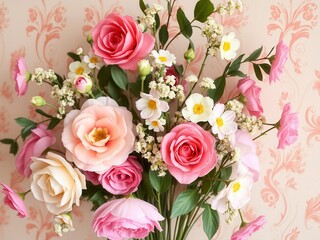 Vintage style artificial flowers wall background, perfect for adding a touch of timeless elegance to any design project, background, summer