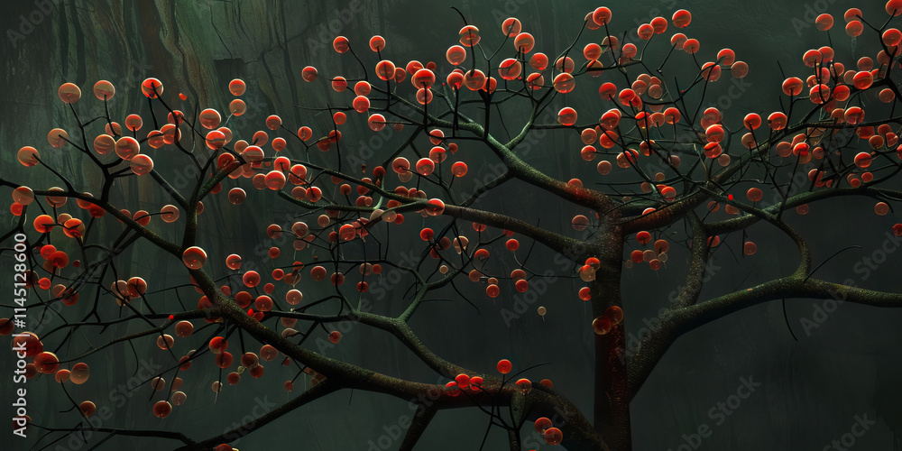 Poster digital rendering of stylized tree with translucent reddish-orange spheres