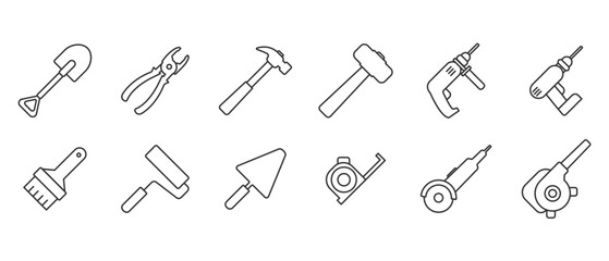 Tool icon set. Working tools. Tool kit icons. Working tools set. Repair and construction tools collection in line style vector illustration in transparent background. Editable stroke. Eps10
