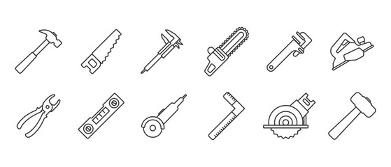 Woodworking equipment icon. Tool icon set. Work tools. Set of work tools. Collection of repair and construction tools in line style vector illustration on transparent background. Editable stroke.