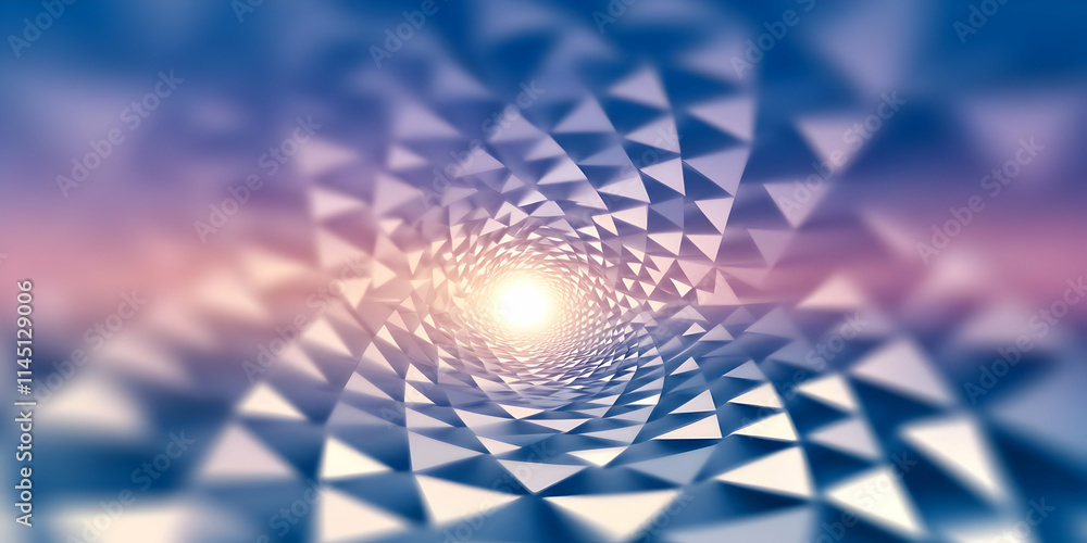 Poster triangle tunnel creates a vortex of light towards the center with bright light and geometric shapes,