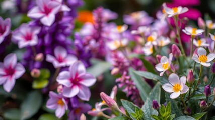Close-up shot of delicate purple flower petals and leaves in soft focus, garden, exotic
