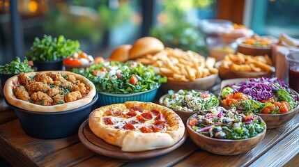 Fototapeta premium Overhead view of assorted takeout items like fried chicken pizza burgers and colorful salads arranged on a rustic wooden table