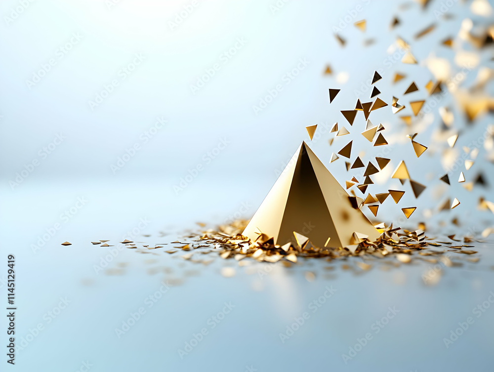Poster golden pyramid explodes into triangles on soft blue background with particles and geometric shapes, 