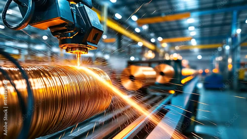 Poster a robotic arm precisely handles a roll of copper wire, with other rolls visible in the background of