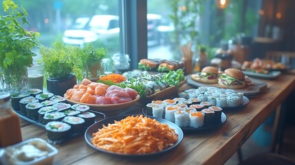 A rustic wooden table filled with a mix of takeout items like sushi rolls tacos burgers and pizza in a natural cozy setting