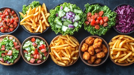 Overhead view of a takeout feast featuring crispy fries tacos golden chicken wings and colorful salads arranged casually