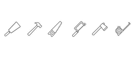 Simple carpentry equipment icon. Work tools. A set of work tools. Collection of repair and construction tools in line style vector illustration on transparent background. Editable stroke.