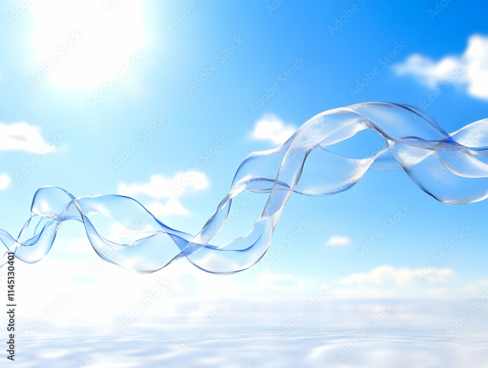 Poster abstract wave flowing smoothly across a clear blue sky with wispy clouds, embracing the gentle breez