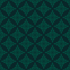 Subtle dark green floral ornament. Simple elegant seamless pattern with abstract flower silhouettes, foliage, repeat tiles. Luxury vector background in damask, oriental style. Exquisite geo design