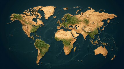 A topographic map of the world highlighting landforms and vegetation.
