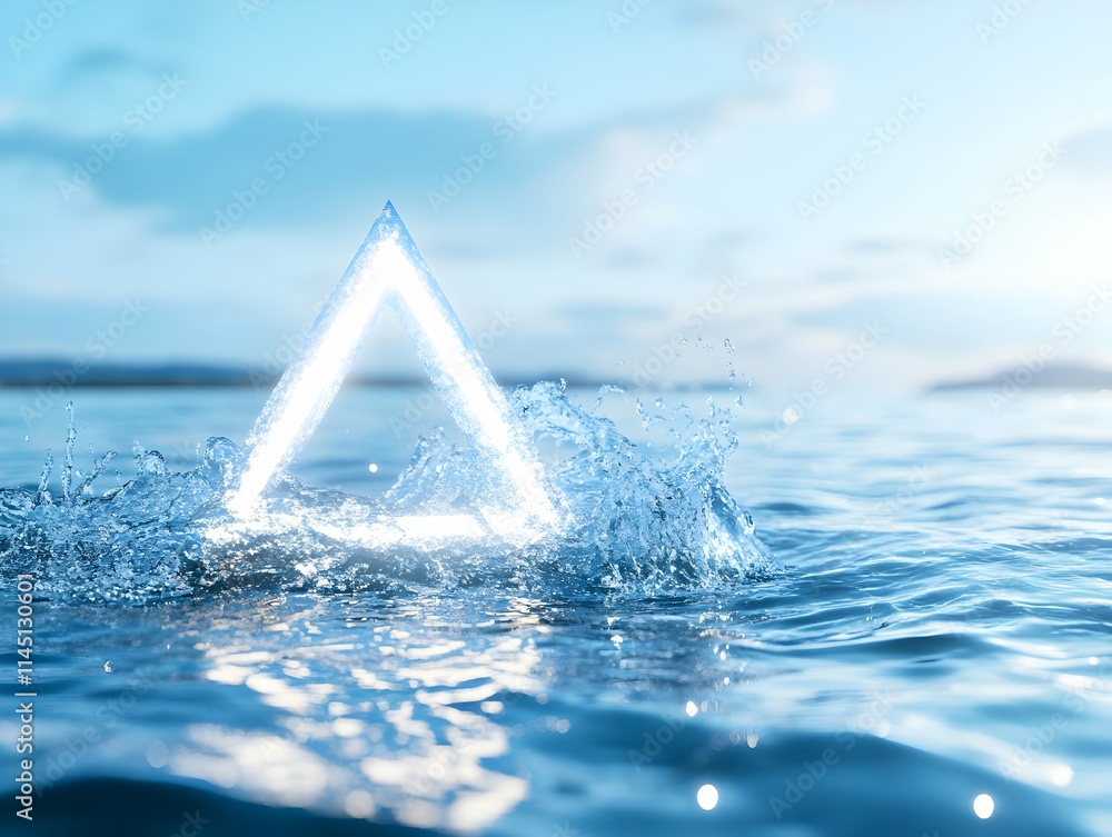 Poster triangle shape makes splash in water with purity concept and reflection of sky with summer vibes