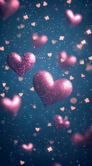 A captivating image filled with radiant hearts falling through a celestial backdrop, symbolizing joy, love, and the beauty of emotions in a mesmerizing artistic presentation.