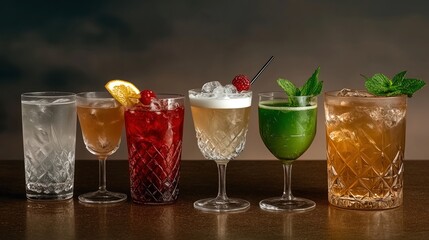 Refreshing assortment of colorful cocktails on dark background perfect for any gathering
