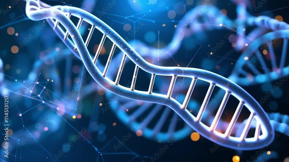 Poster rotating and glowing dna chain intertwining within a vibrant network of data, illustrating a cutting