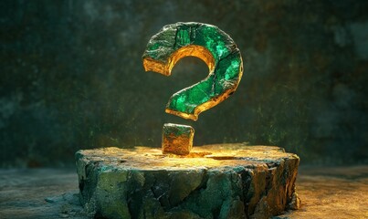 Green gemstone question mark, stone pedestal, dark background.