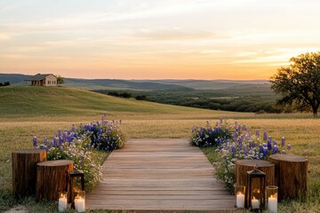 Breathtaking sunset over bluebonnet fields in Texas with lush greenery and distant house