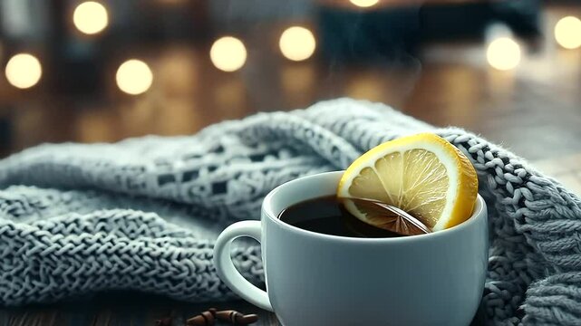 A cozy cup of steaming ginger tea with a lemon slice perched on the rim, surrounded by cinnamon sticks, star anise, and cloves, set on a rustic wooden table with a soft knitted bla