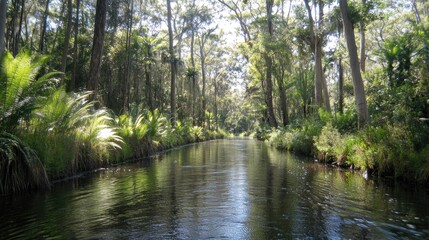 Obraz premium Tranquil River Flows Through Lush Green Forest Canopy