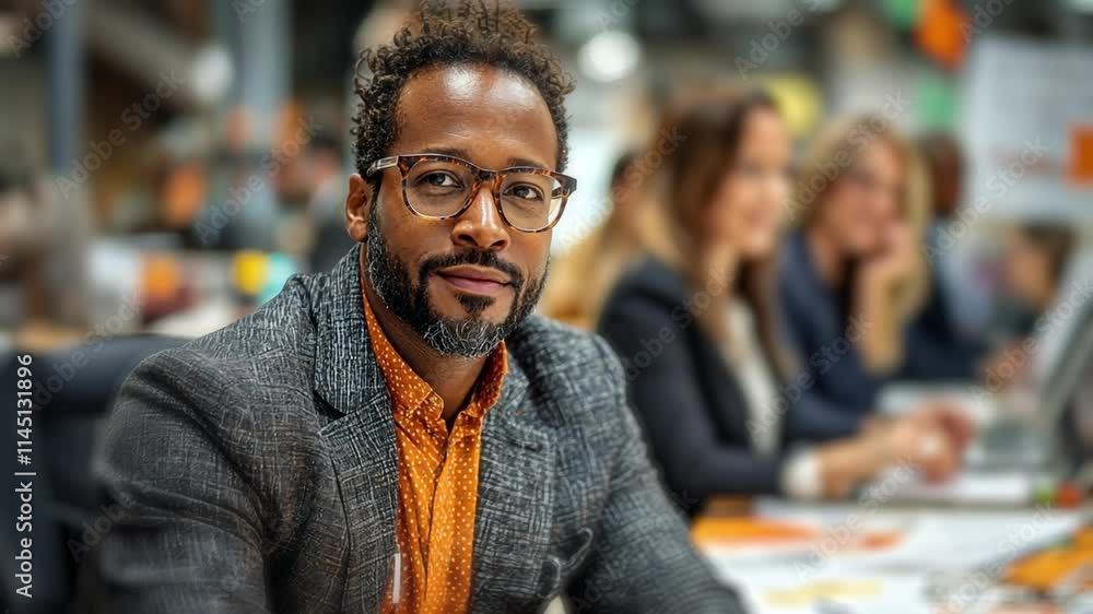 Aufkleber a confident man with glasses sits at a modern workspace, showcasing his professionalism. he is surro