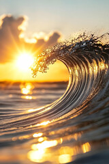 Ocean Waves Crashing on Shore at Golden Sunrise with Dramatic Lighting and Cloud Reflections, Nature's Power and Beauty.