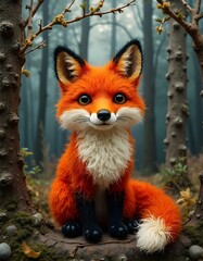 Obraz premium A detailed needlework depiction of a fox, intricately crafted from colorful wool, set against a textured forest background, emphasizing a cozy, hand-stitched aesthetic