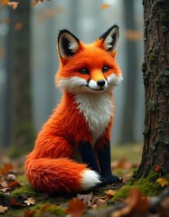 Obraz premium A detailed needlework depiction of a fox, intricately crafted from colorful wool, set against a textured forest background, emphasizing a cozy, hand-stitched aesthetic
