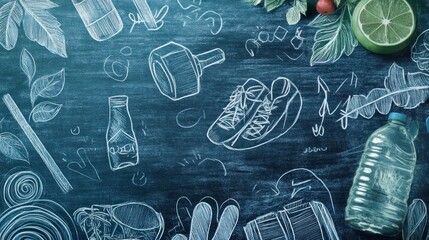 Healthy lifestyle flat lay with fitness equipment,  water bottles, and fresh produce on a dark blue background.