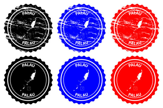 Palau - rubber stamp - vector, Republic of Palau island (Belau, Palaos, or Pelew) map pattern - sticker - black, blue and red