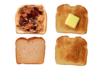 Four slices of bread, one with Peanut butter and Jelly one with a pat of butter, one toasted and one plain.