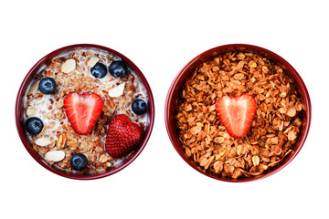 Two Bowls filled with a healthy whole grain cereal and fruit. Strawberries, blueberries and sliced almonds on white