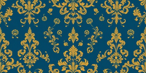 Intricate and elegant damask seamless pattern with floral motifs in shades of blue and gold, damask, fabric