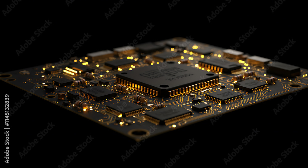 Poster illuminated circuit board with glowing components. ai