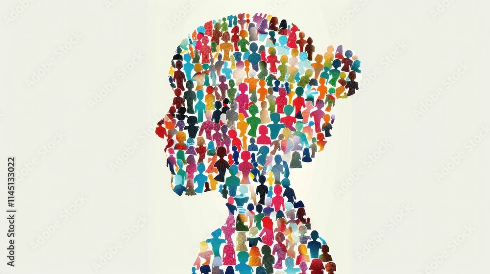 Poster silhouette of a woman filled with diverse crowd figures, representing unity and diversity, on a soft