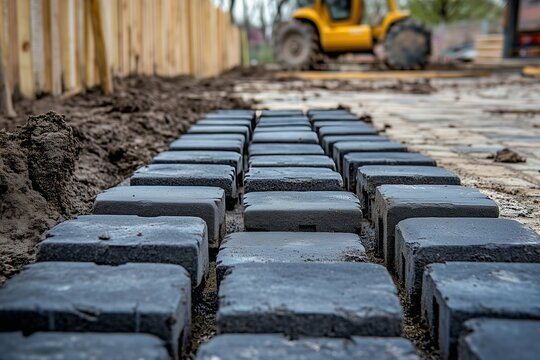 Construction workers installing permeable pavers for sustainable drainage system