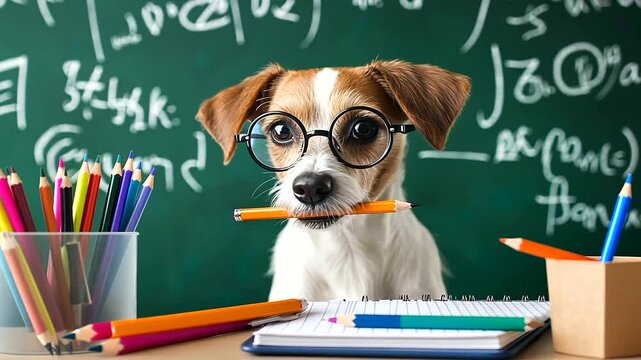 A clever dog wearing round glasses holds a pencil in his teeth, surrounded by colorful stationery and a chalkboard with handwritten notes.