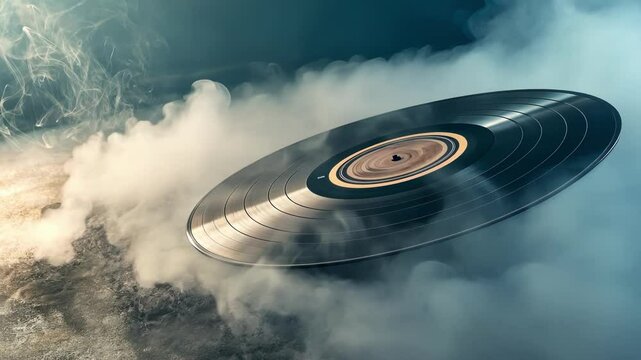 A nostalgic representation of a spinning CD partially obscured by a soft mist as it rotates hypnotically in the center of the screen evoking the excitement of waiting for soing new