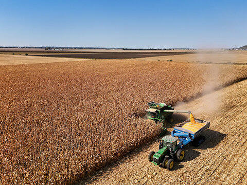 Fulton, Illinois, October 10, 2024, John Deere combine offloading corn into a Kinze 1050 tracked grain cart being pulled by a John Deere 8400R tractor.