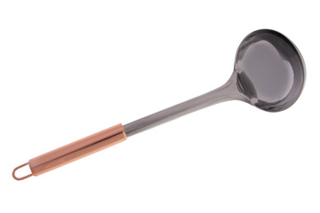 metal spoon with a copper-colored handle. The head has slots for draining and is likely used for cooking or serving food
