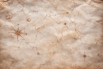 An ancient star map with constellations and navigational symbols.