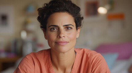 Thoughtful middle-aged woman sitting in a cozy room with bookshelves in the background radiating wisdom relaxation and intellectual engagement