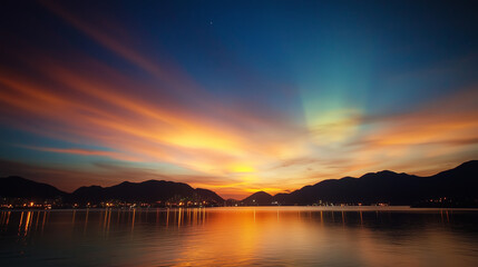 Beautiful sunset over calm water reflecting vibrant colors in the sky above mountains and city lights at dusk