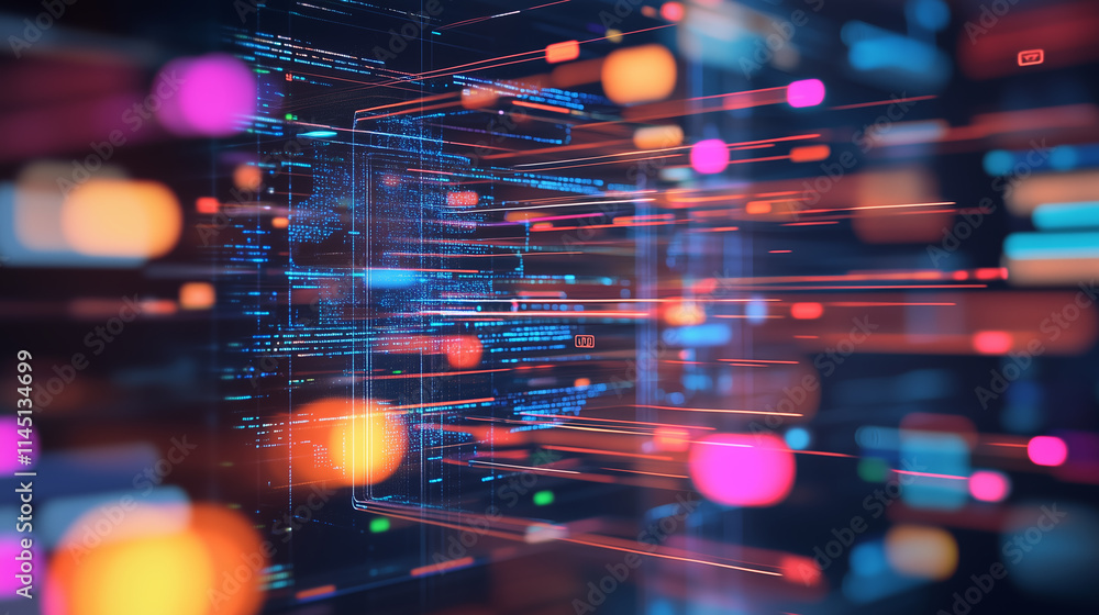 Poster colorful digital abstraction representing data flow and communication in a futuristic environment