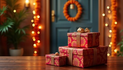 Intricate Diwali gift boxes rest on polished wooden table. Decorated with intricate floral patterns. Warm fairy lights, marigold garlands adorn doorway background. Festive mood. Perfect for Diwali