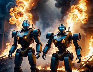 Fototapeta premium Fighting robots break through with battle through fire and smoke.
