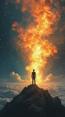 Fototapeta premium Silhouette of man standing before fiery explosion