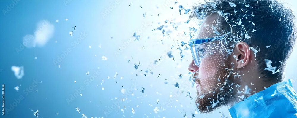 Poster scientist faces dissolving into particles with digital overlay effect and science experiment theme