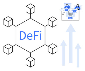 Fototapeta premium Blockchain nodes interconnected around DeFi text on left e-commerce buying icons and upward arrows on right. Ideal for financial technology, e-commerce, growth, blockchain, cryptocurrency