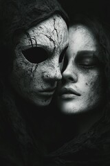 Fototapeta premium Cracked mask, weathered face, intimate monochrome portrait.